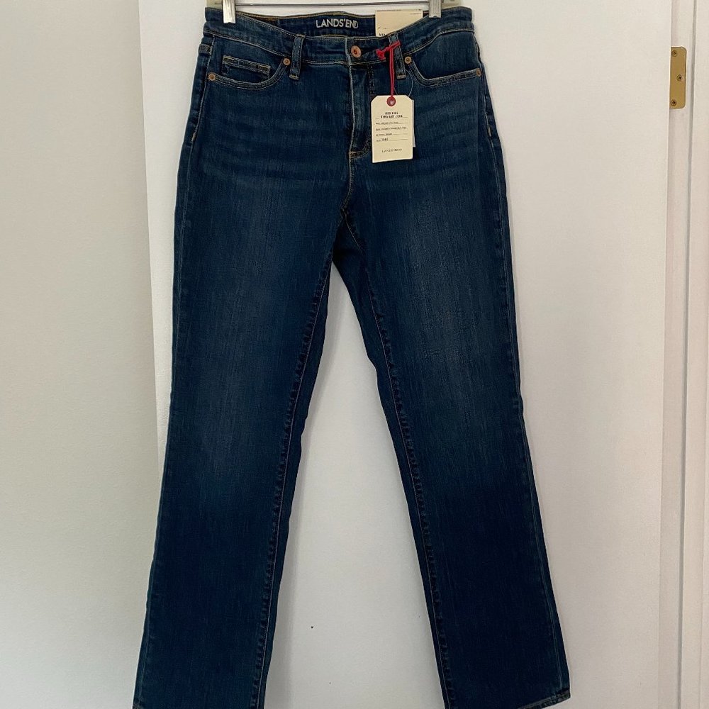 Lands' End Women's Mid Rise- Straight Leg Denim Jeans- Med Indigo Wash- New